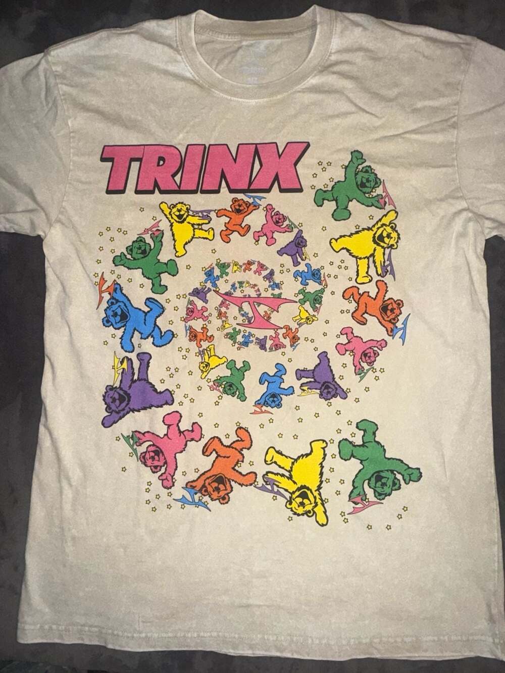 Trinx x Grateful Dead White Cotton T-Shirt Dancing Bears Spiral Rainbow Sz XL